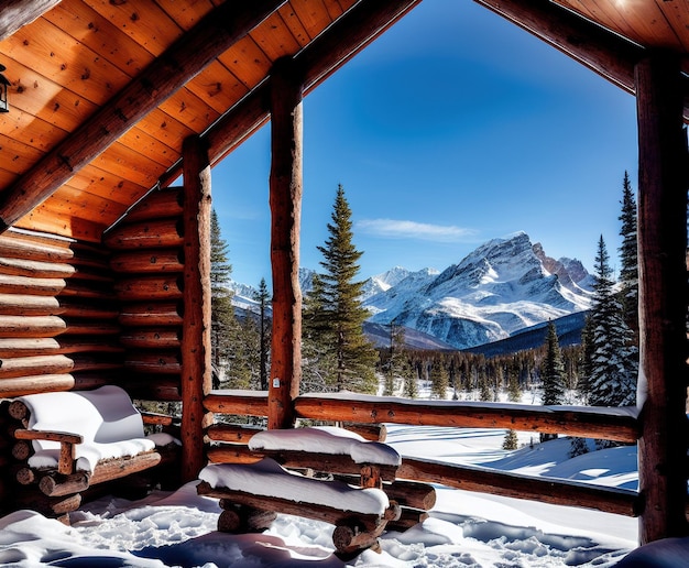 Foto casa de madera con hermoso paisaje invernal con árboles cubiertos de nieve