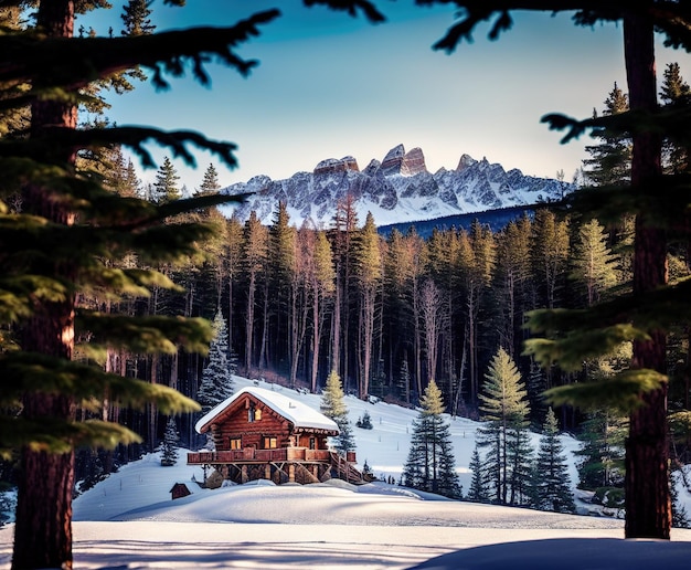 casa de madera con hermoso paisaje invernal con árboles cubiertos de nieve