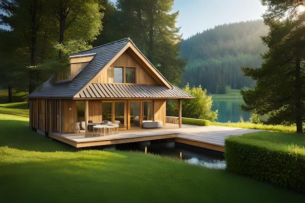 Una casa de madera con un lago al fondo.