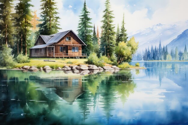 Casa de madera en el lago en el bosque renderizacion 3D Foto Premium