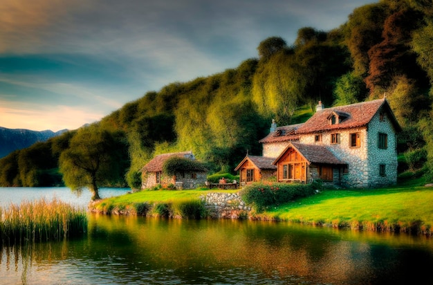 Casa de madera en el lago en las montañas Hermosa cabaña en la orilla del río en el pueblo IA generativa