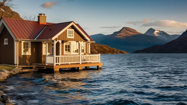 Foto casa de madera marrón en el lago cerca de la montaña