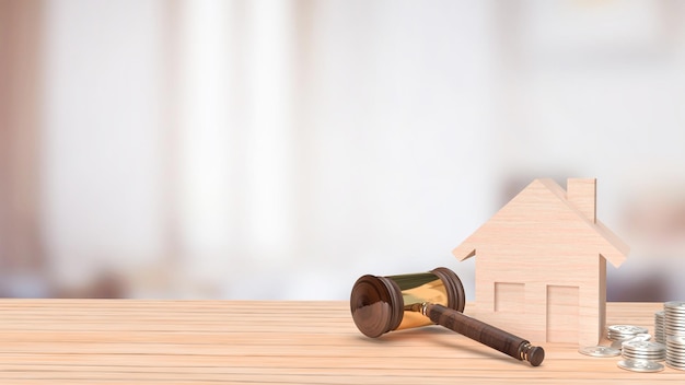 La casa de madera y el martillo de ley para la representación 3d del concepto de propiedad o negocio