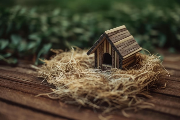 Casa de madera en miniatura colocada en un nido de pájaros en el suelo Concepto de inversión en viviendas familiares