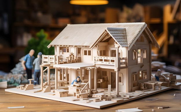 Casa de madera en miniatura modelo de apartamento casa de juguete de madera concepto de negocio de la casa fondo de un