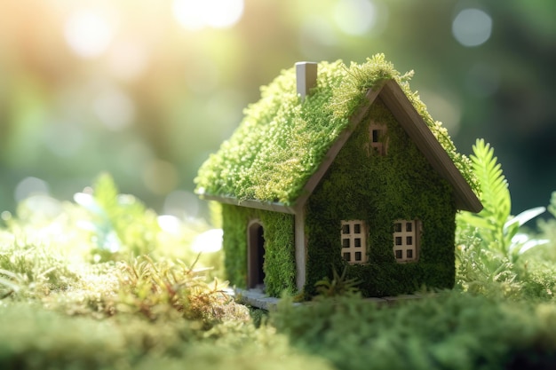 Casa de madera en miniatura en musgo de hierba primaveral y helechos en un día soleado