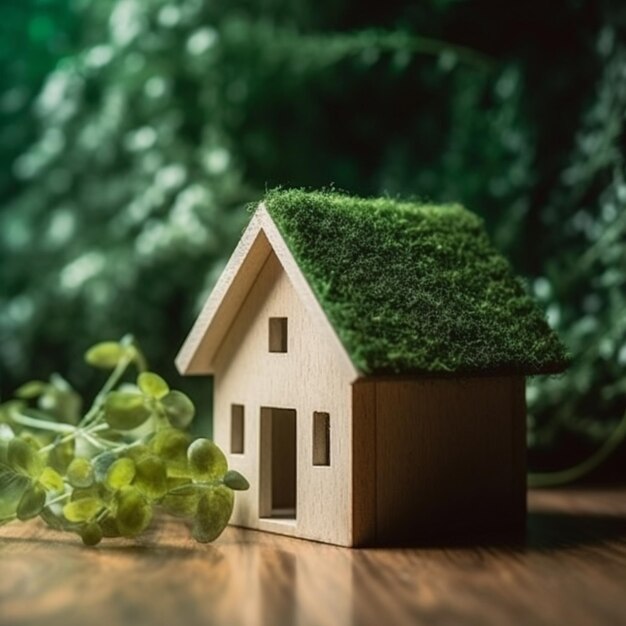 Casa de madera en miniatura con musgo verde sobre fondo de madera Concepto ecológico