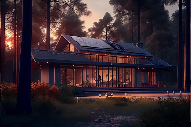 Casa de madera moderna con paneles solares en el techo al atardecer o en el bosque AI