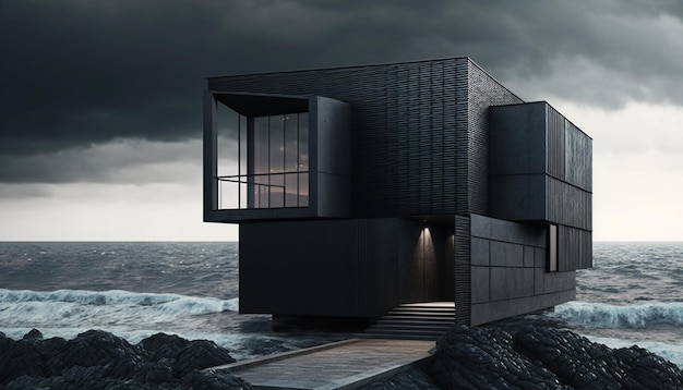 Casa de madera negra en el océano IA generativa