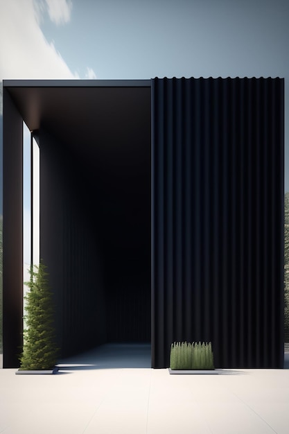 Una casa de madera negra con una pared exterior negra y una planta verde en el medio.