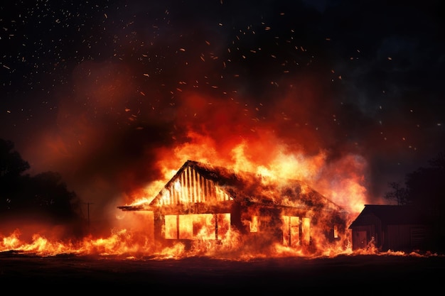 Casa de madera o granero en llamas por la noche