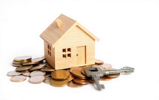 Casa de madera en una pila de monedas con una llave aislada en un fondo blanco que simboliza la propiedad inmobiliaria