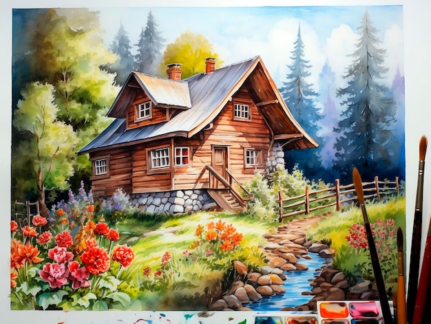 Casa de madera pintada en el bosque Pintura en acuarela en lienzo