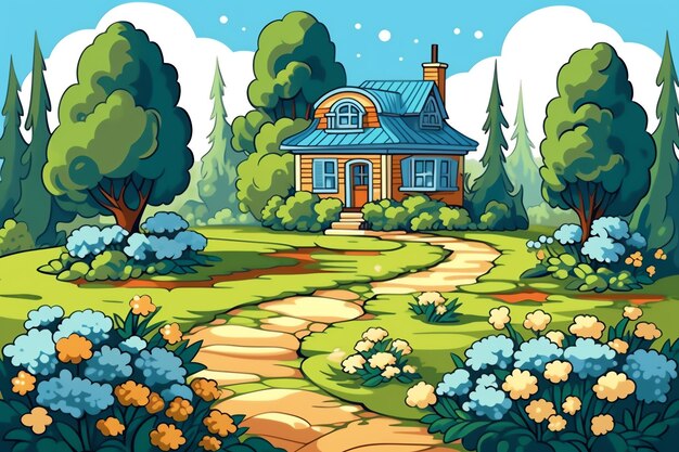 Foto casa de madera en el pueblo con plantas y flores en el jardín del patio trasero en estilo de dibujos animados
