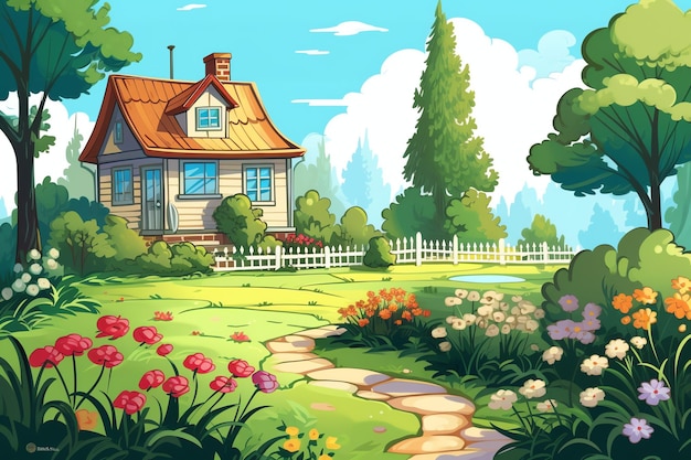 Casa de madera en el pueblo con plantas y flores en el jardín del patio trasero en estilo de dibujos animados