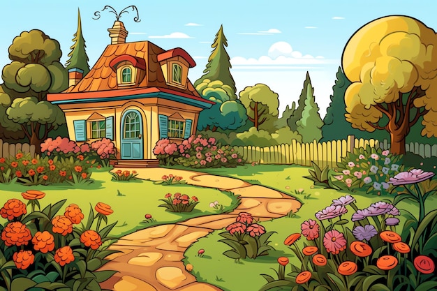 Foto casa de madera en el pueblo con plantas y flores en el jardín del patio trasero en estilo de dibujos animados