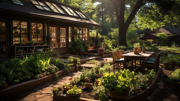 Casa de madera en pueblo con plantas y flores en el jardín del patio trasero Jardín y flor en casa rural