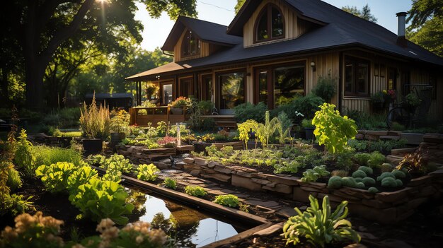 Casa de madera en pueblo con plantas y flores en el jardín del patio trasero Jardín y flor en casa rural