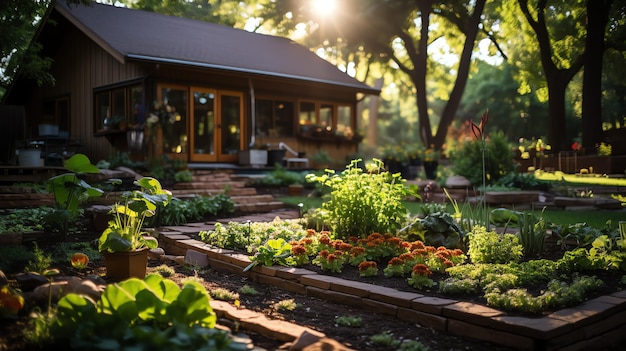 Casa de madera en pueblo con plantas y flores en el jardín del patio trasero Jardín y flor en casa rural