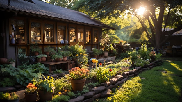 Casa de madera en pueblo con plantas y flores en el jardín del patio trasero Jardín y flor en casa rural