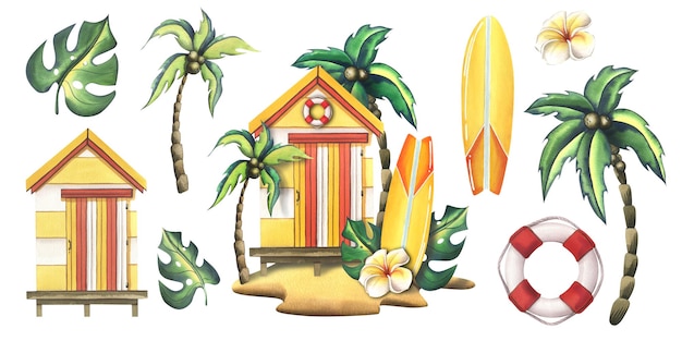 Casa de madera a rayas de playa de pesca con una tabla de surf palmeras hojas tropicales Ilustración de acuarela dibujada a mano Una composición aislada con elementos sobre un fondo blanco