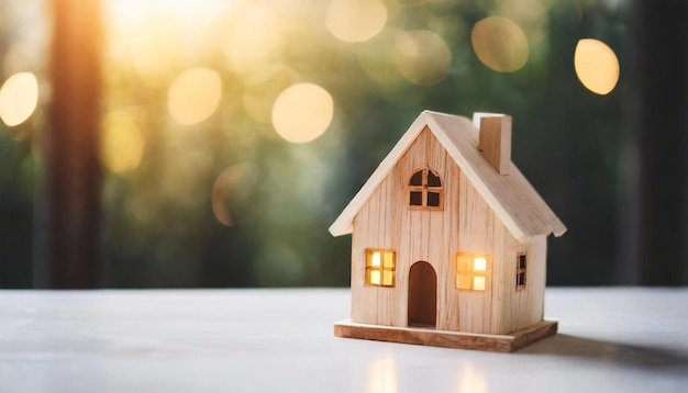 La casa de madera sobre una mesa blanca con luz de fondo brillante simboliza la hipoteca de impuestos a la inversión inmobiliaria