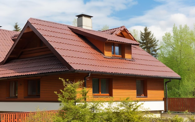 Una casa de madera con techo rojo y un cielo azul de fondo.