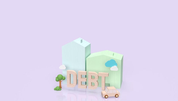 La casa de madera y el texto de la deuda para la representación 3d del concepto de negocio