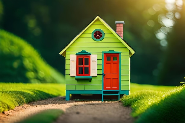 Una casa de madera verde con una puerta roja y una puerta roja.