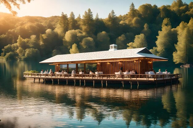 Una casa de madera con vistas al lago y a las montañas circundantes.