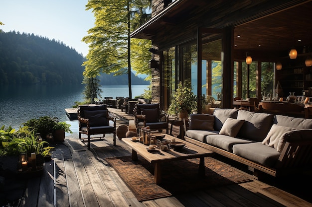 Casa de madera con vistas panorámicas al lago y a la montaña