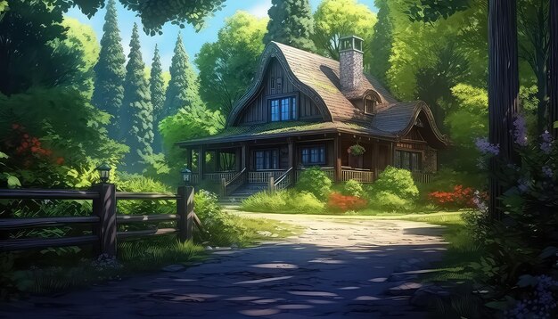 Casa mágica en el bosque en verano concepto de día seguro de la naturaleza