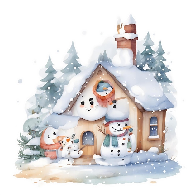 Casa Mágica de Natal de Snowman em Aquarela