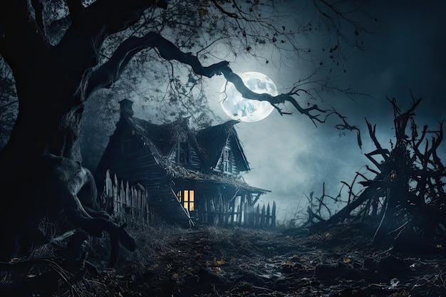 Casa mal-assombrada assustadora em uma floresta morta luzes misteriosas vibe de Halloween