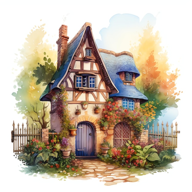 Casa medieval com portão e jardim Fantasia de aquarela medieval