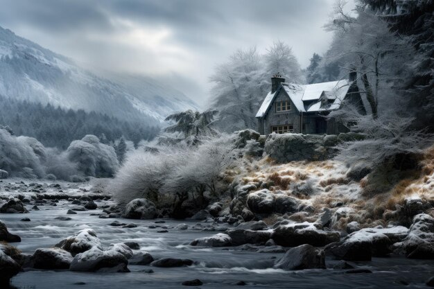 Foto una casa en el medio de un bosque nevado