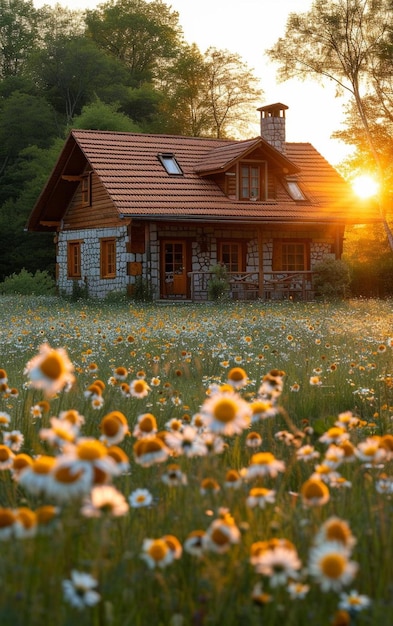 Foto una casa en el medio de un campo de flores