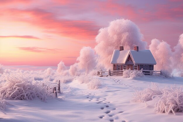 una casa en el medio de un campo nevado