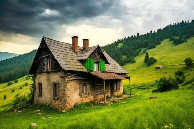 Una casa en medio de un campo verde.