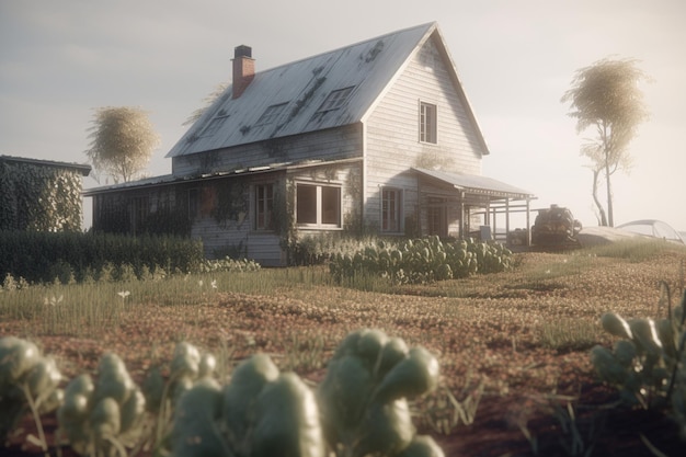 Una casa en medio de un campo.