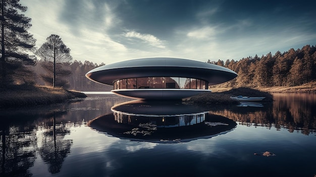 Una casa en medio de un lago.