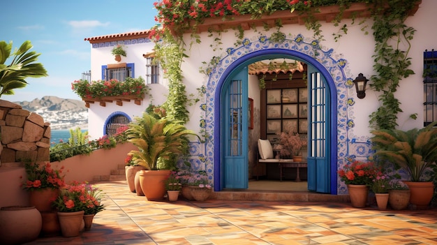 Una casa mediterránea con azulejos coloridos y paredes exteriores vibrantes