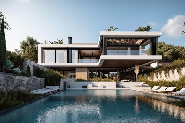 Casa mediterrânea moderna com piscina de borda infinita e lounge externo criado com inteligência artificial generativa
