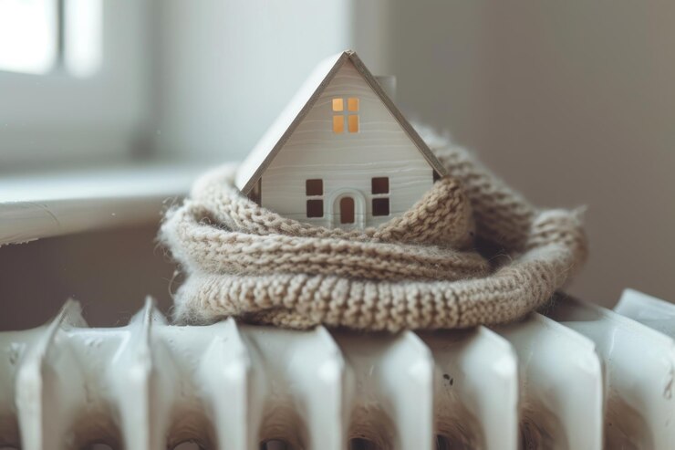 Casa miniatura acogedora envuelta en una bufanda cálida en un radiador que simboliza la calefacción del hogar y la comodidad durante el invierno