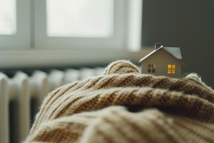 Casa miniatura acogedora envuelta en una bufanda cálida en un radiador que simboliza la calefacción del hogar y la comodidad durante el invierno