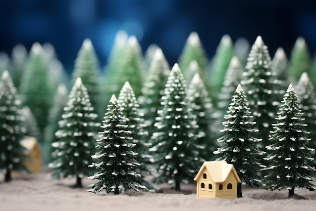 Casa en miniatura y árboles de Año Nuevo sobre un fondo de nieve verde