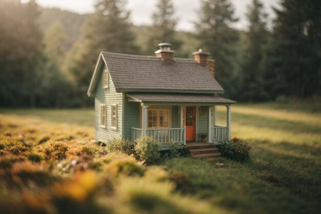 Foto casa en miniatura en el césped el concepto de bienes raíces y viviendas