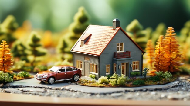 Casa en miniatura y coche aislado sobre fondo blanco IA generativa