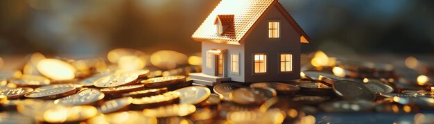 Casa en miniatura encima de monedas de oro esparcidas que representan la inversión inmobiliaria y el crecimiento financiero