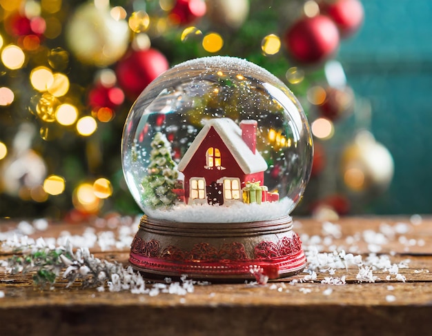 casa en miniatura con globo de nieve sobre el fondo de la decoración navideña borrosa